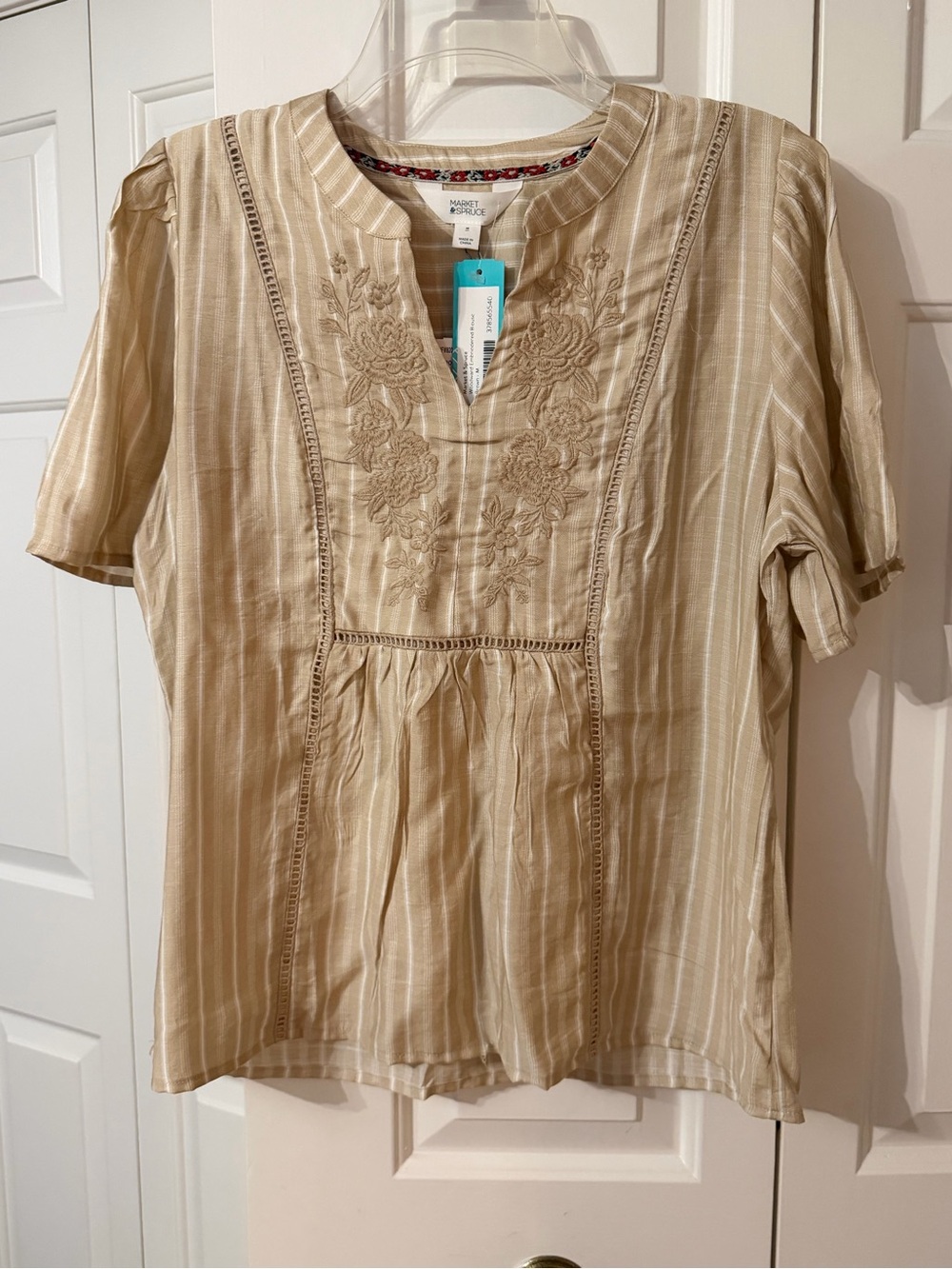 Market & Spruce Tan Cream Striped Embroidered Split-Neck Tunic